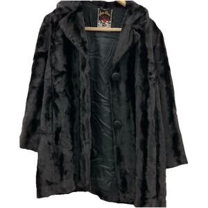 Elegant Faux Fur Black Coat – Vintage Inspired, Soft Plush Button Front, XL